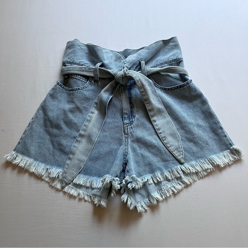NANUSHKA light blue wash denim belted high rise raw fray hem‎ shorts